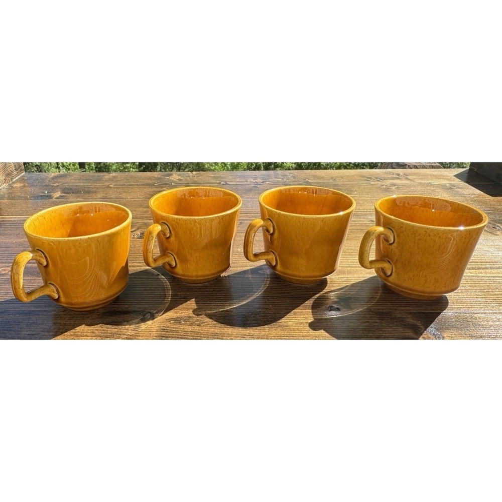 Vintage 6 Oz Coffee Cups Set of 4 Mustard Orange Ceramic Speckled Retro MCM